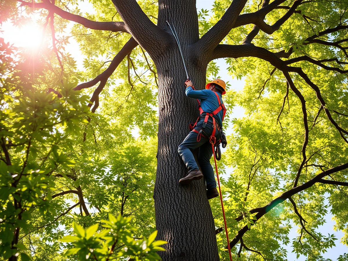 Arborist climbing tree