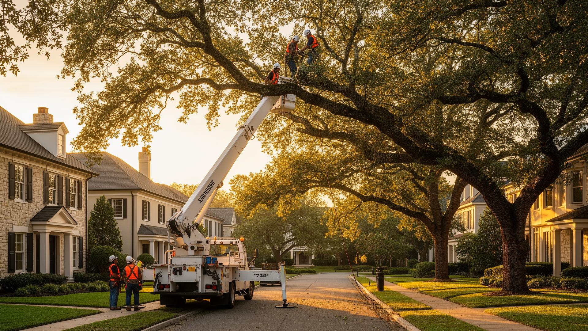 Professional tree care crew working on a large oak tree
